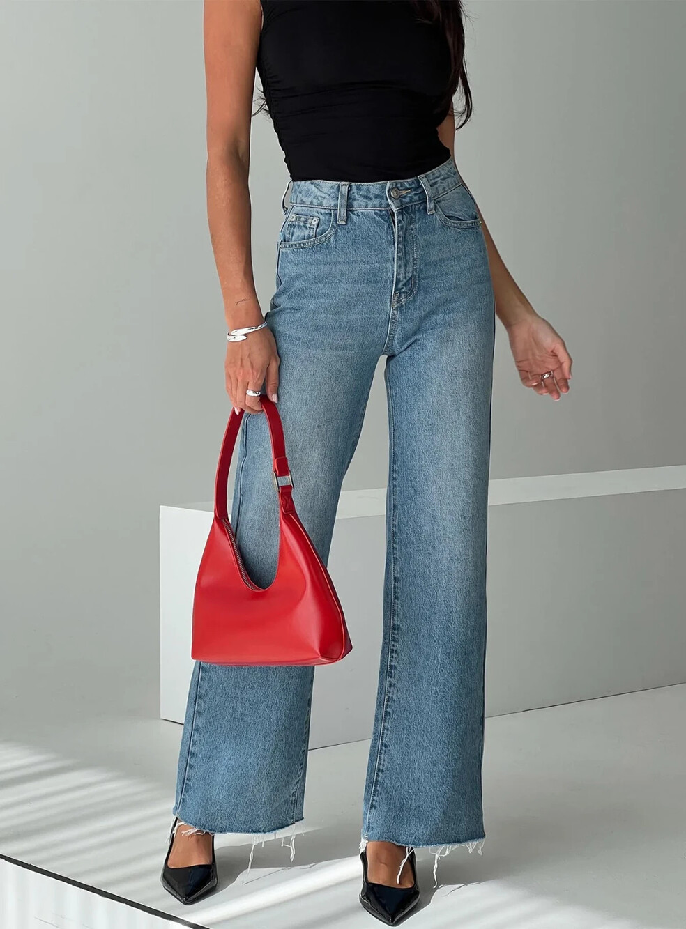 Princess Polly PP DNM Jeans Womens 4 Wide Leg Medium Wash Raw Hem Organic Cotton